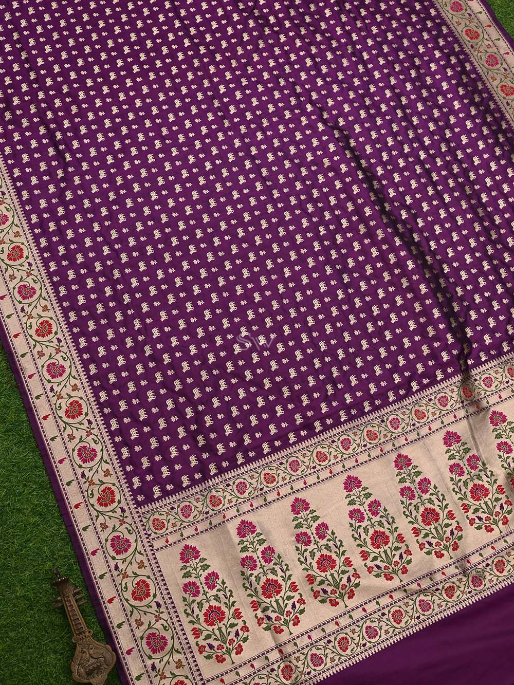 Dark Purple Paithani Shikargah Katan Silk Handloom Banarasi Dupatta - Sacred Weaves