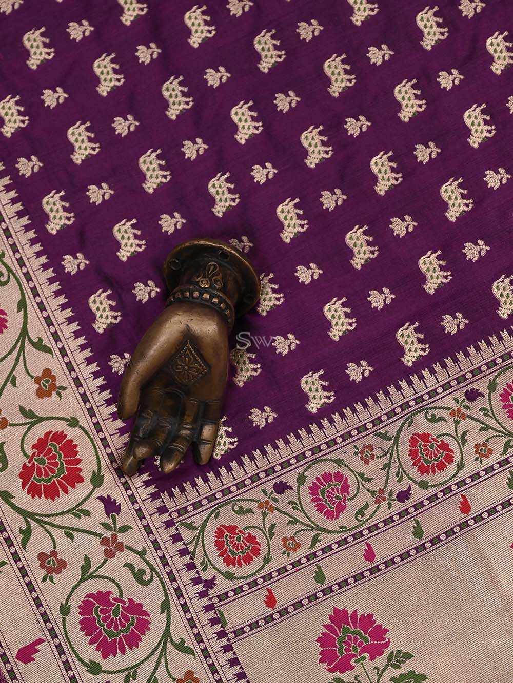 Dark Purple Paithani Shikargah Katan Silk Handloom Banarasi Dupatta - Sacred Weaves