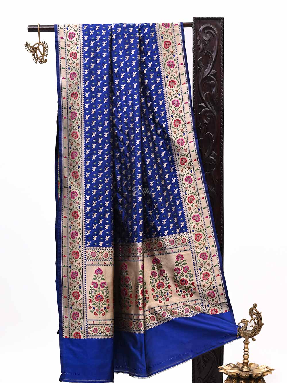 Blue Paithani Shikargah Katan Silk Handloom Banarasi Dupatta - Sacred Weaves
