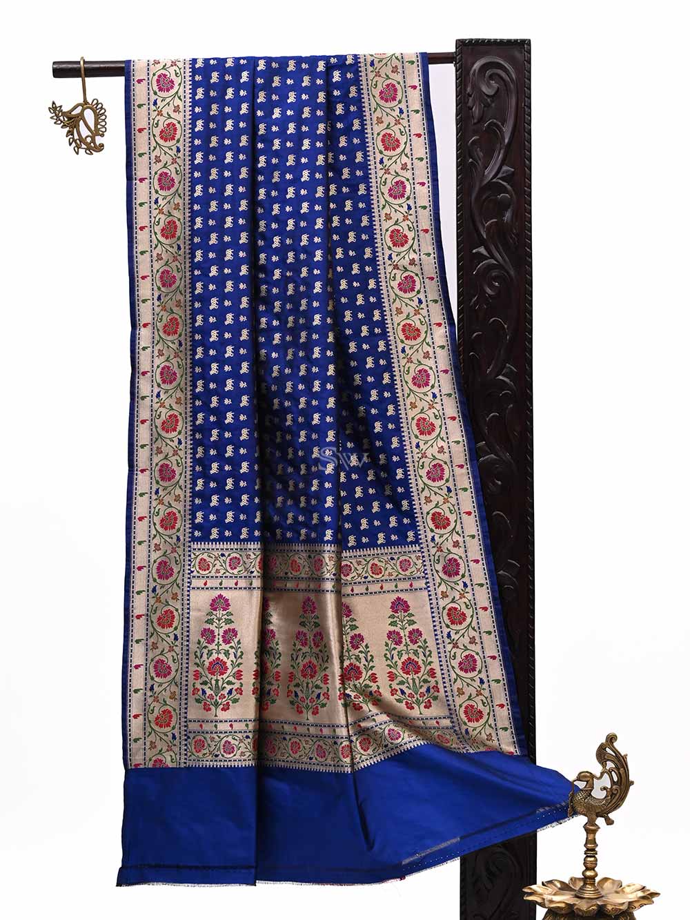 Blue Paithani Shikargah Katan Silk Handloom Banarasi Dupatta - Sacred Weaves