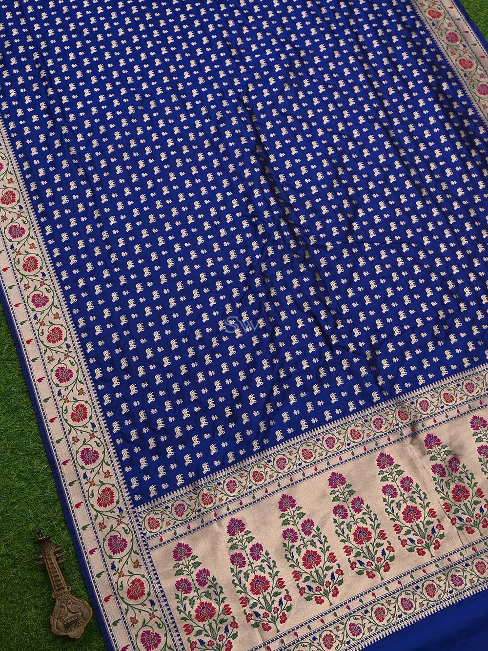 Blue Paithani Shikargah Katan Silk Handloom Banarasi Dupatta - Sacred Weaves