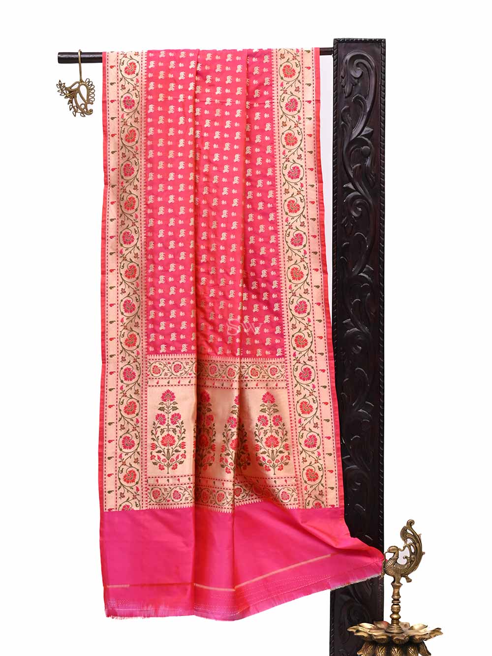 Pink Red Paithani Shikargah Katan Silk Handloom Banarasi Dupatta - Sacred Weaves