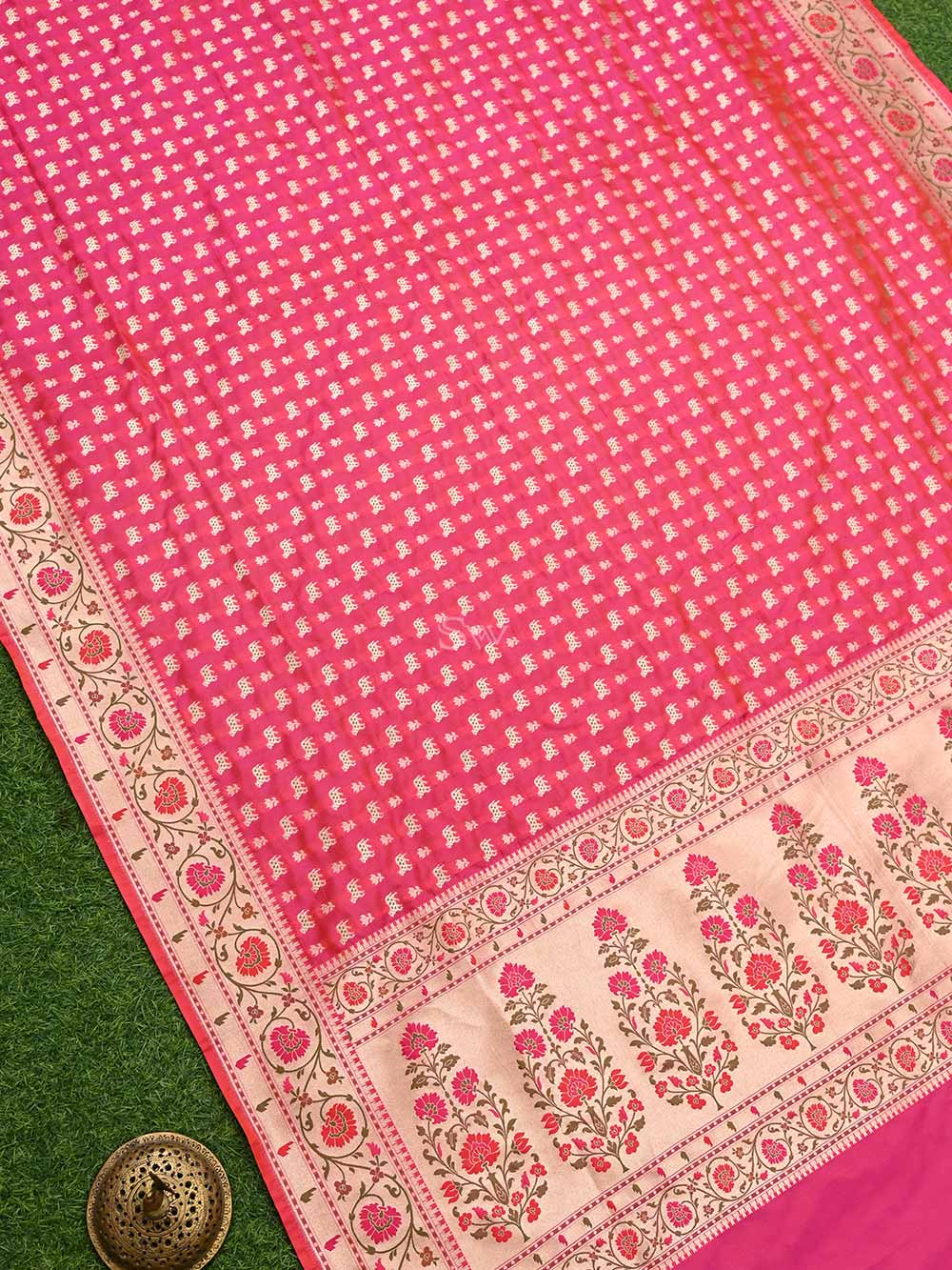 Pink Red Paithani Shikargah Katan Silk Handloom Banarasi Dupatta - Sacred Weaves