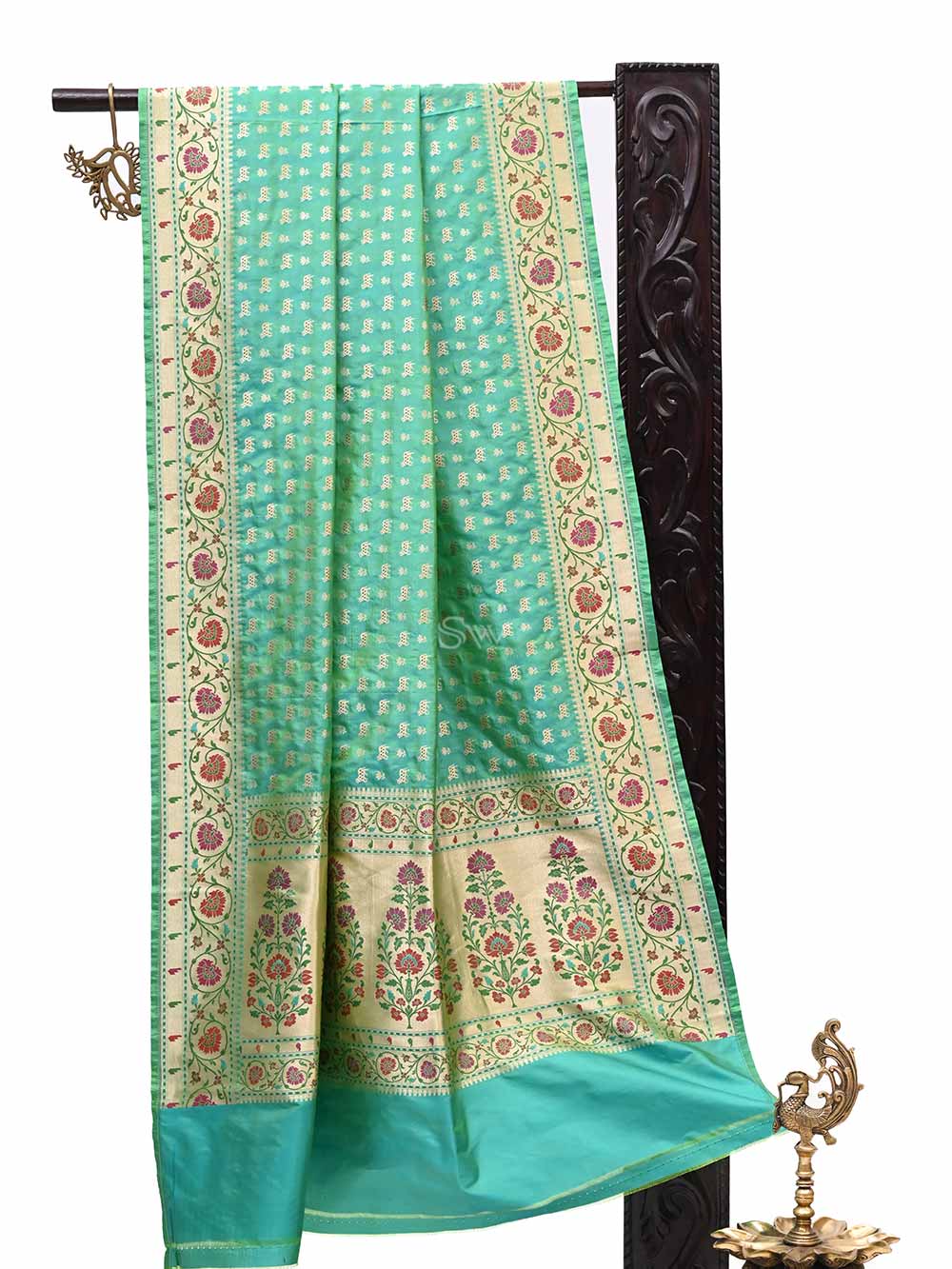 Sea Green Paithani Shikargah Katan Silk Handloom Banarasi Dupatta - Sacred Weaves