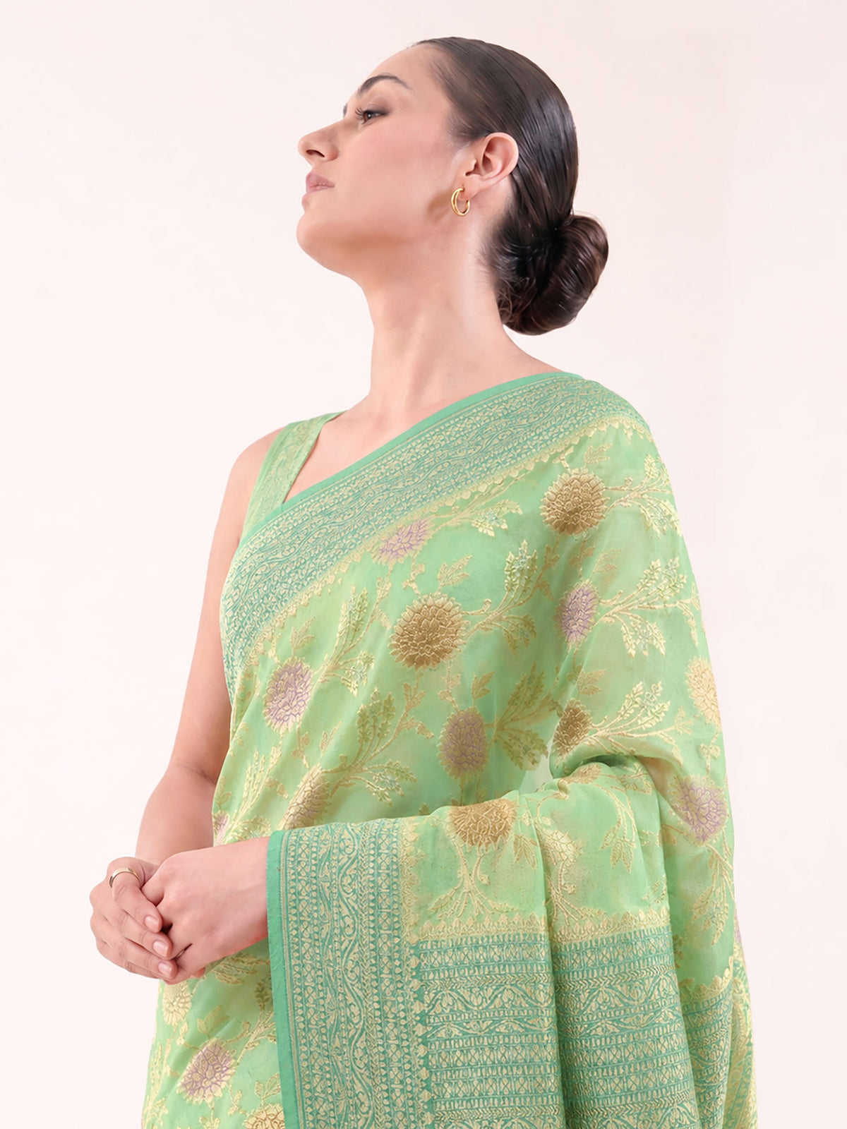Pastel Green Rangkat Jaal Khaddi Georgette Handloom Banarasi Saree - Sacred Weaves