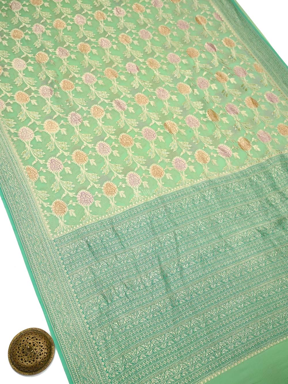 Pastel Green Rangkat Jaal Khaddi Georgette Handloom Banarasi Saree - Sacred Weaves