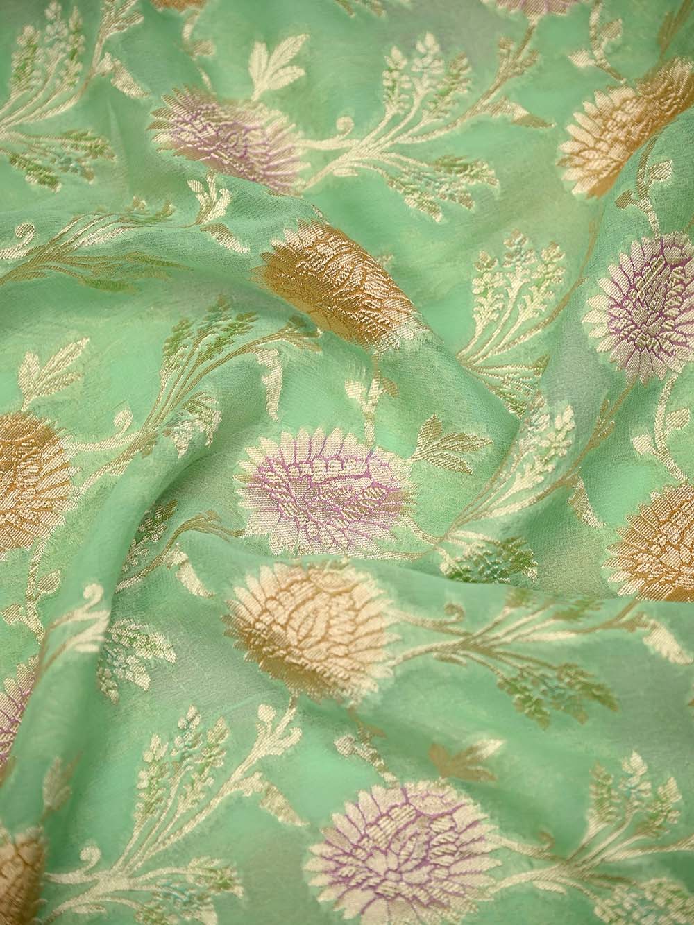 Pastel Green Rangkat Jaal Khaddi Georgette Handloom Banarasi Saree - Sacred Weaves