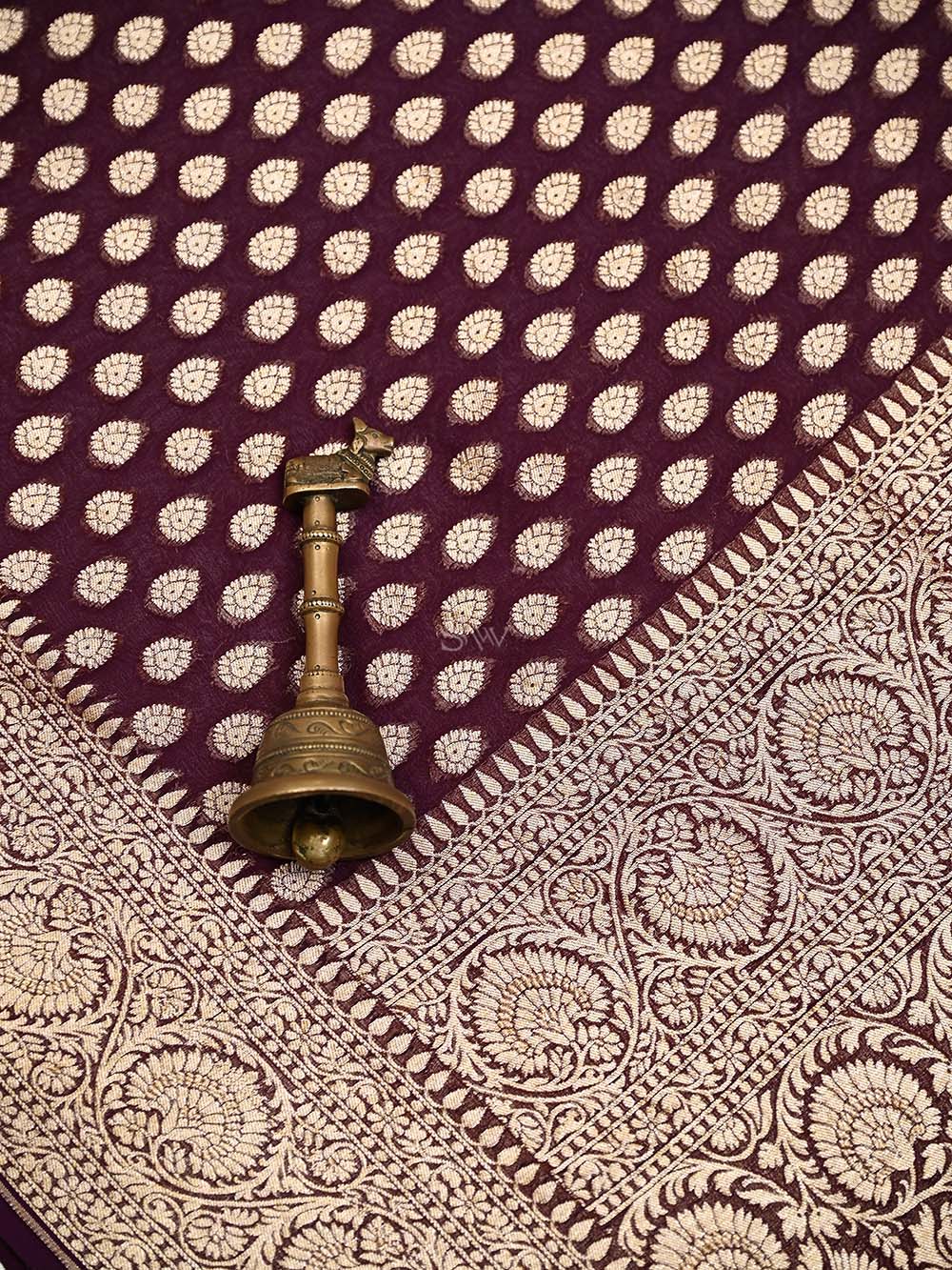 Wine Booti Khaddi Georgette Handloom Banarasi Saree - Sacred Weaves
