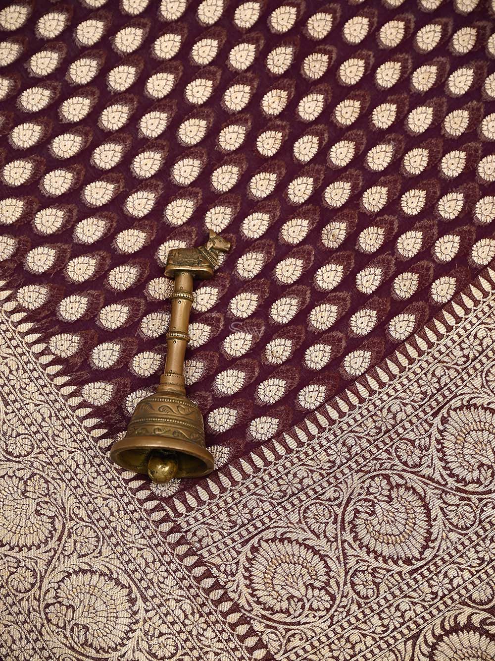 Wine Booti Khaddi Georgette Handloom Banarasi Saree - Sacred Weaves