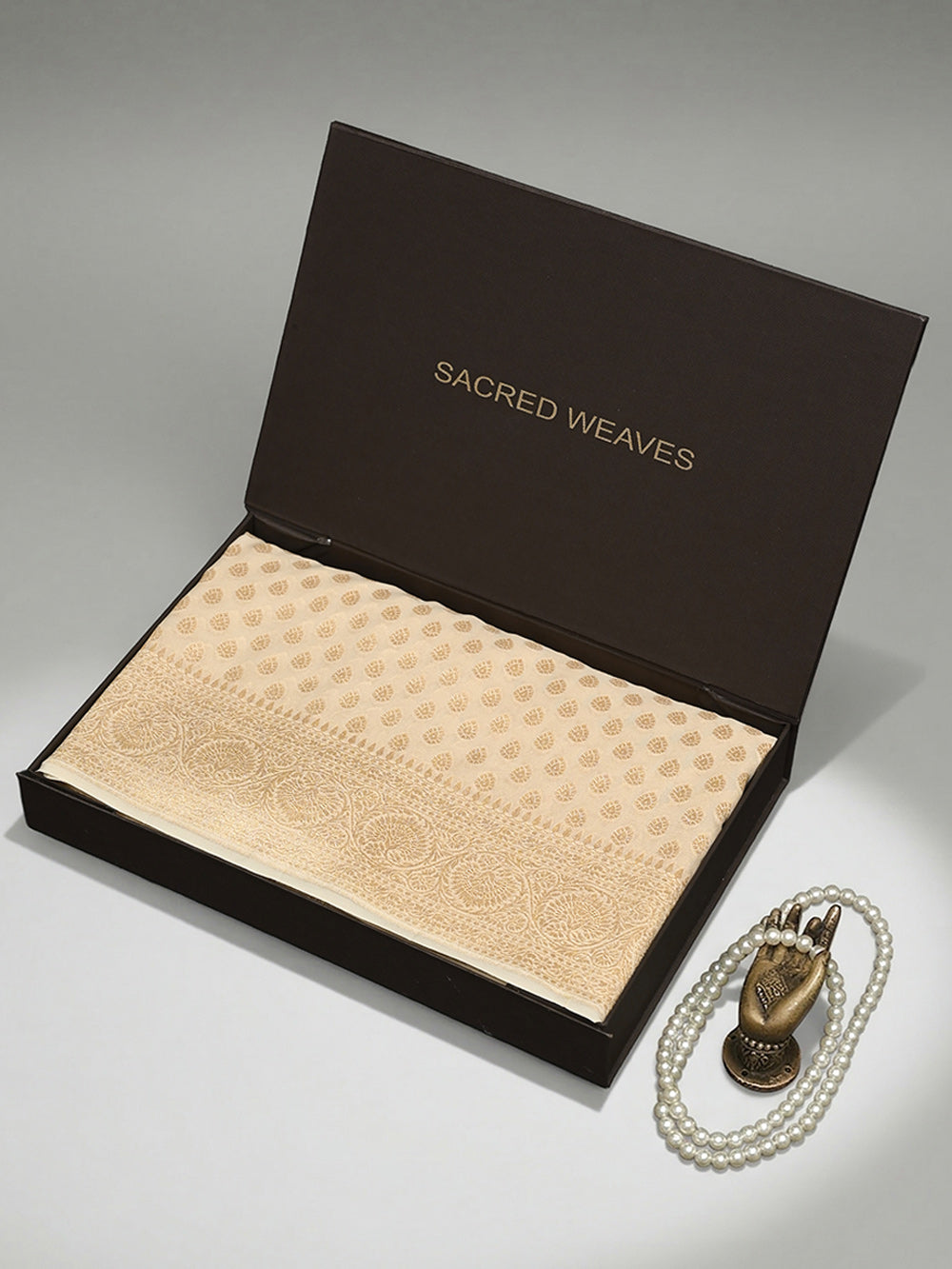 Cream Booti Khaddi Georgette Handloom Banarasi Saree - Sacred Weaves