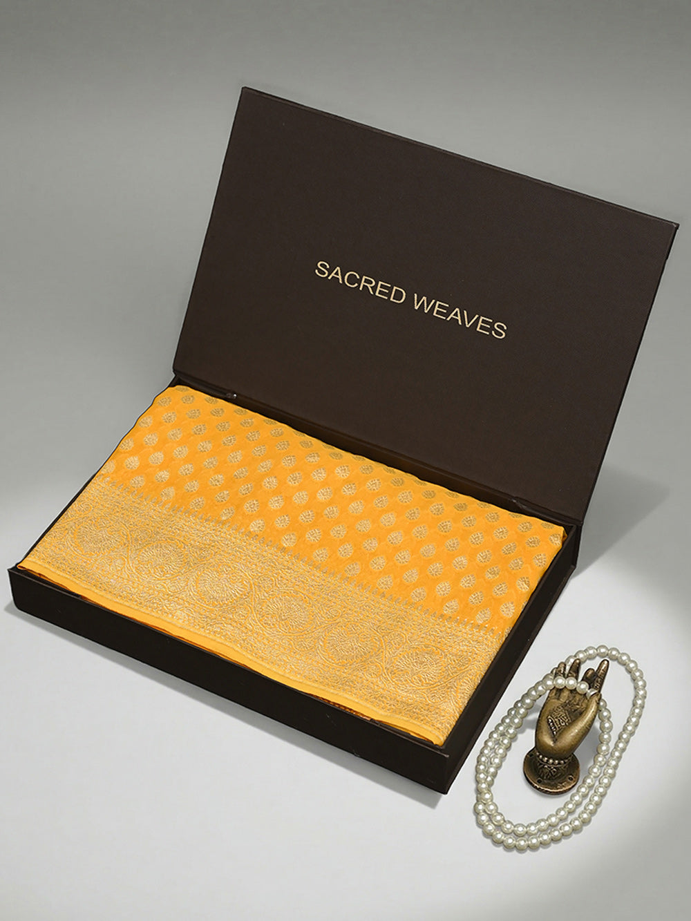 Mustard Booti Khaddi Georgette Handloom Banarasi Saree - Sacred Weaves