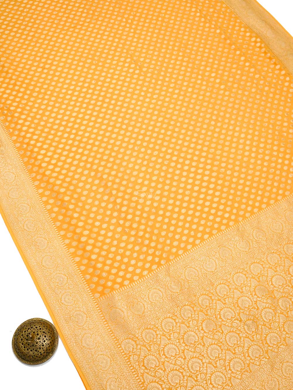 Mustard Booti Khaddi Georgette Handloom Banarasi Saree - Sacred Weaves