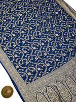Blue Jaal Khaddi Georgette Handloom Banarasi Saree - Sacred Weaves