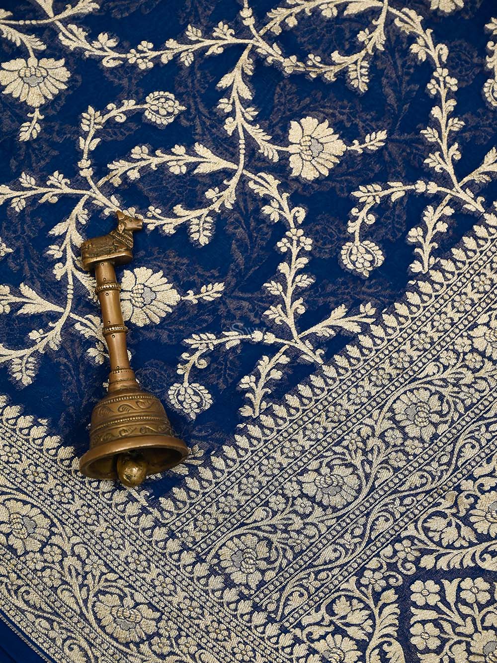 Blue Jaal Khaddi Georgette Handloom Banarasi Saree - Sacred Weaves