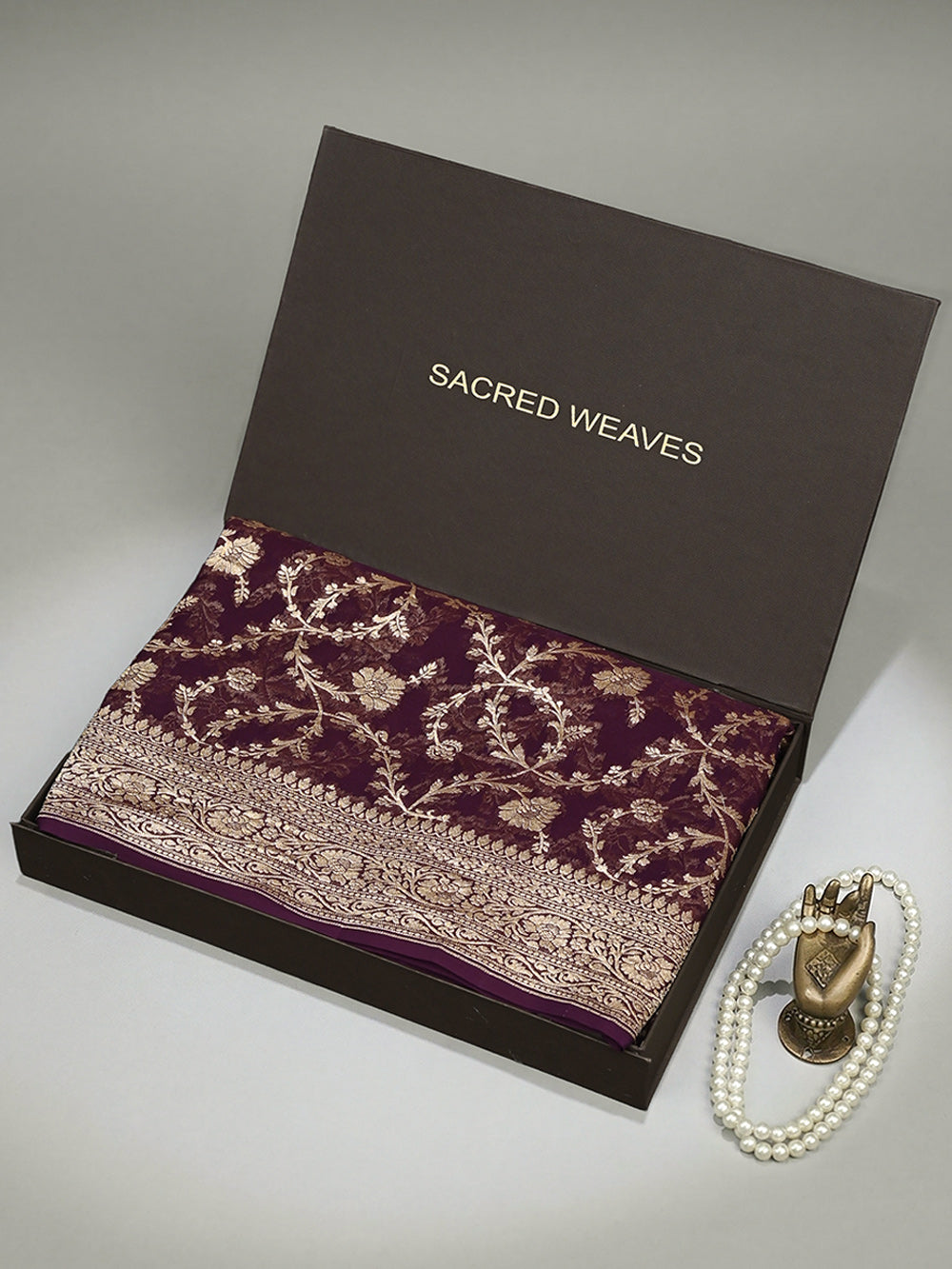 Wine Jaal Khaddi Georgette Handloom Banarasi Saree - Sacred Weaves