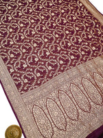 Wine Jaal Khaddi Georgette Handloom Banarasi Saree - Sacred Weaves