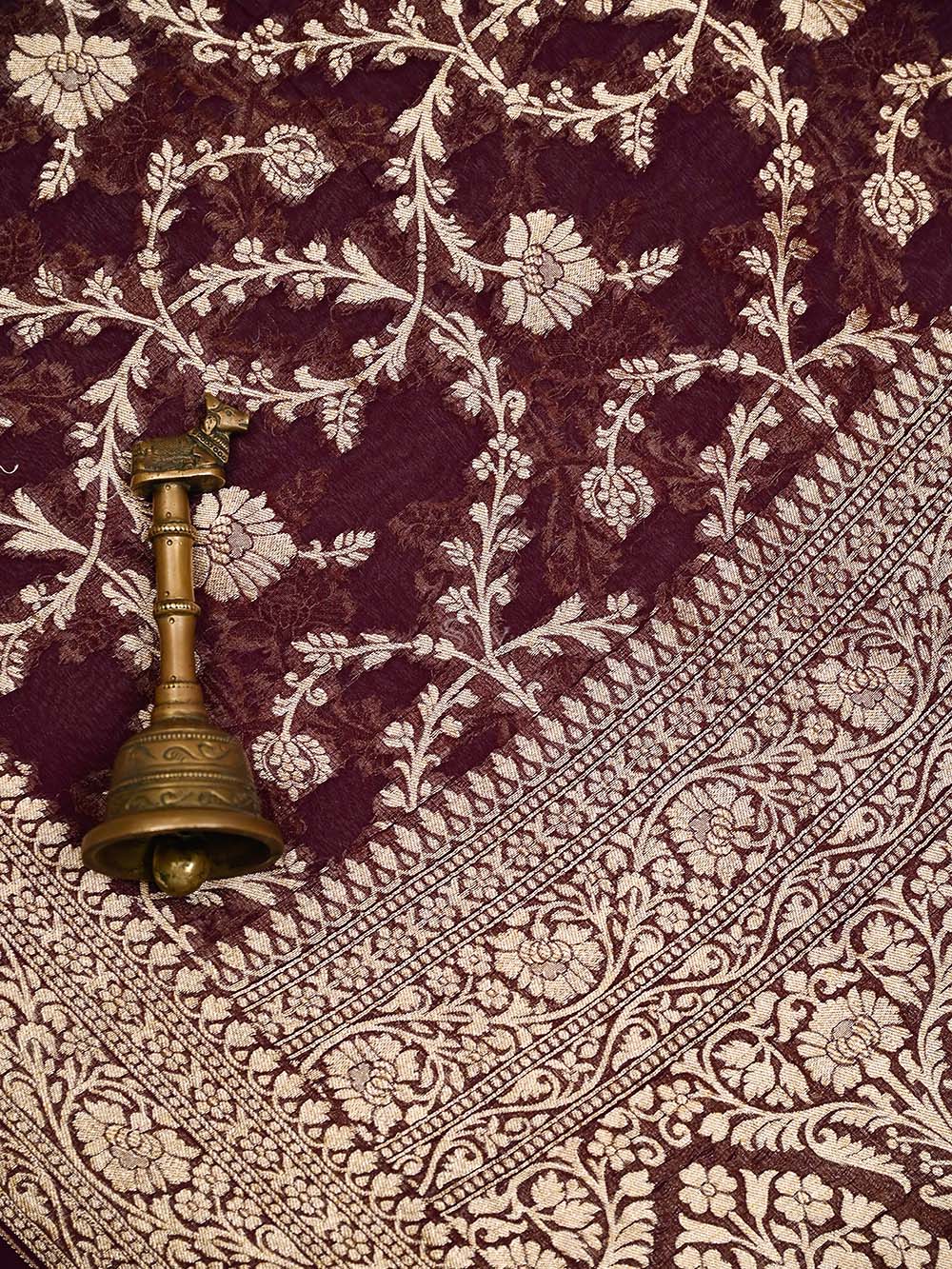 Wine Jaal Khaddi Georgette Handloom Banarasi Saree - Sacred Weaves