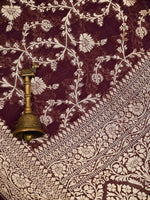 Wine Jaal Khaddi Georgette Handloom Banarasi Saree - Sacred Weaves