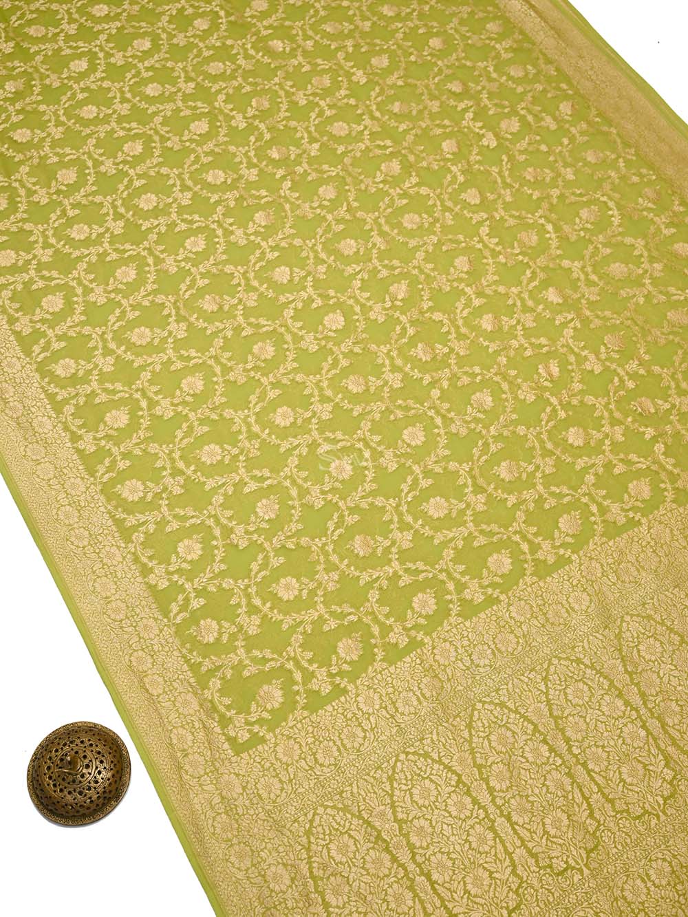 Pastel Lime Green Jaal Khaddi Georgette Handloom Banarasi Saree - Sacred Weaves