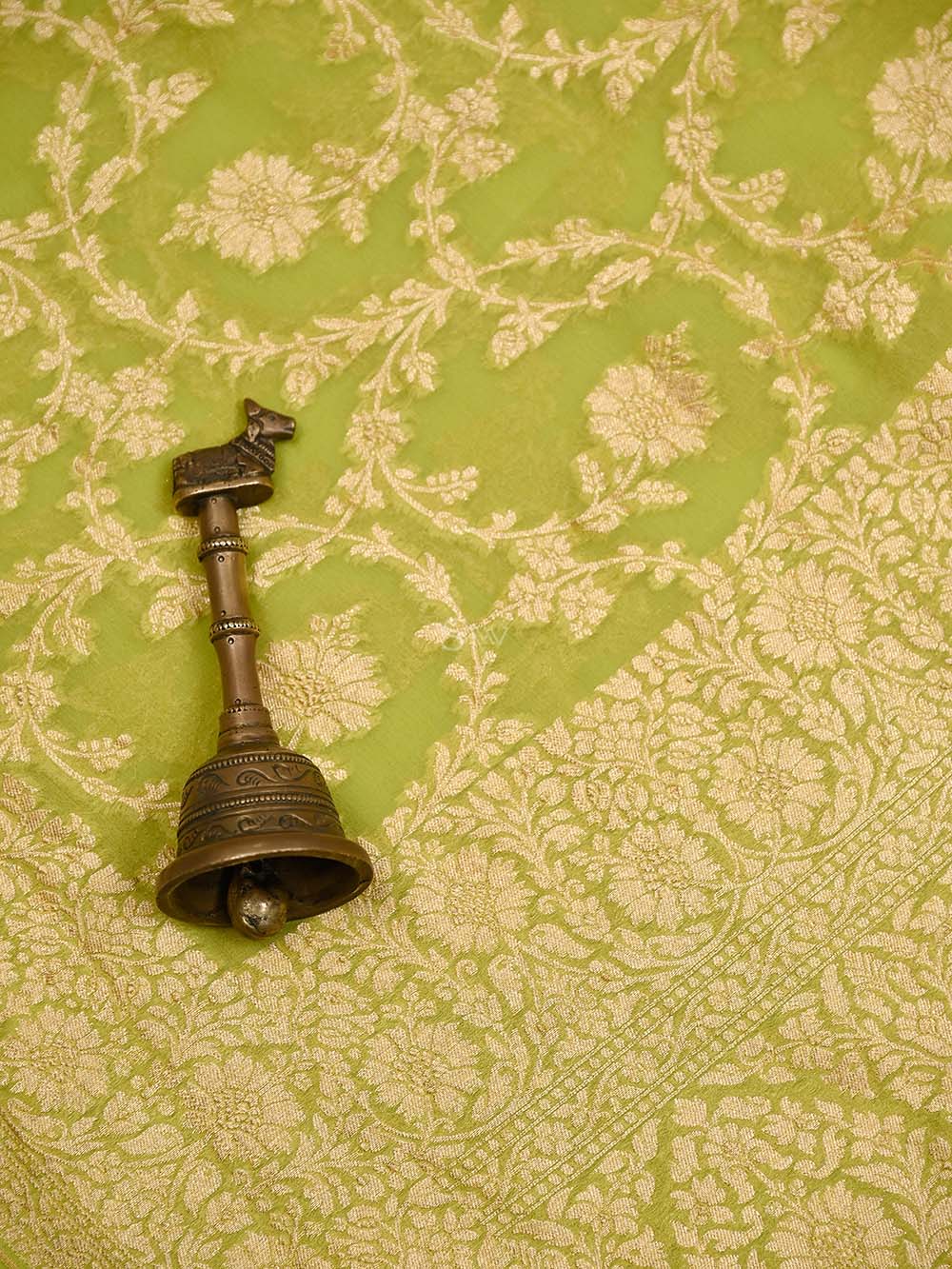 Pastel Lime Green Jaal Khaddi Georgette Handloom Banarasi Saree - Sacred Weaves