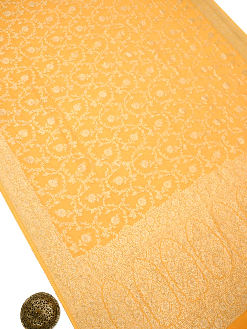 Yellow Jaal Khaddi Georgette Handloom Banarasi Saree - Sacred Weaves