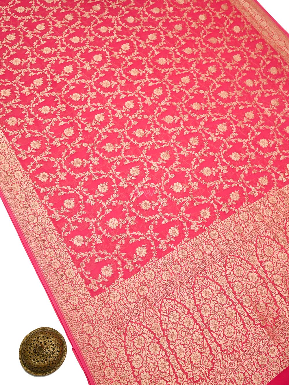 Coral Pink Jaal Khaddi Georgette Handloom Banarasi Saree - SacredWeaves