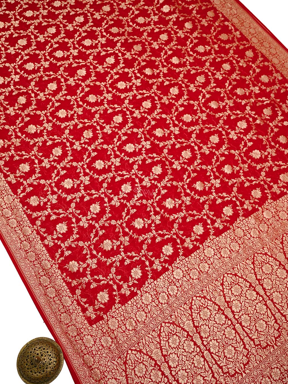Red Jaal Khaddi Georgette Handloom Banarasi Saree - Sacred Weaves