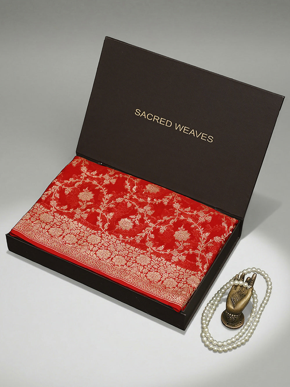 Red Jaal Khaddi Georgette Handloom Banarasi Saree - Sacred Weaves