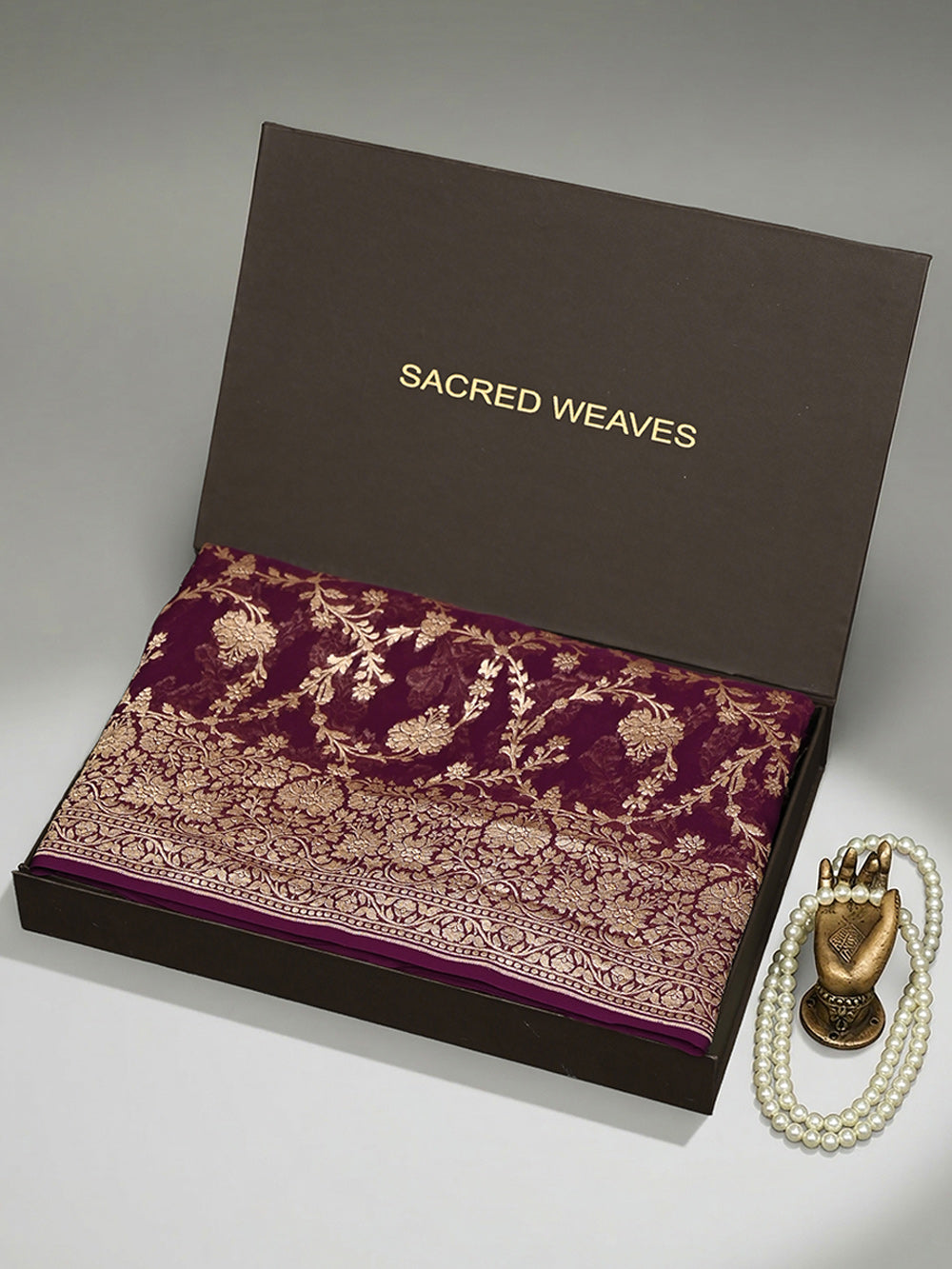 Wine Jaal Khaddi Georgette Handloom Banarasi Saree - Sacred Weaves