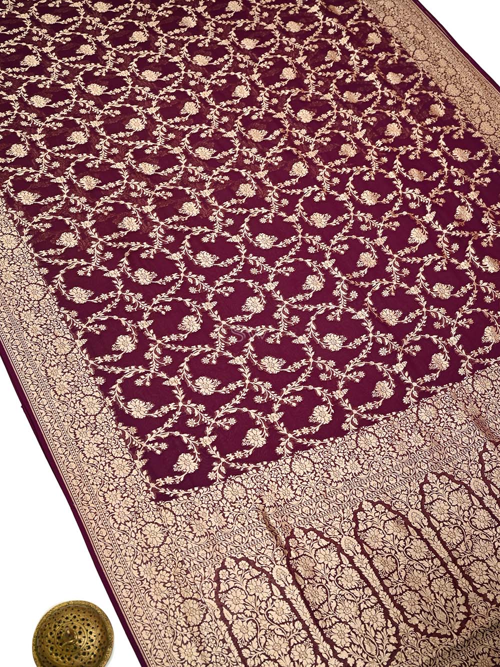 Wine Jaal Khaddi Georgette Handloom Banarasi Saree - Sacred Weaves