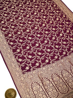 Wine Jaal Khaddi Georgette Handloom Banarasi Saree - Sacred Weaves