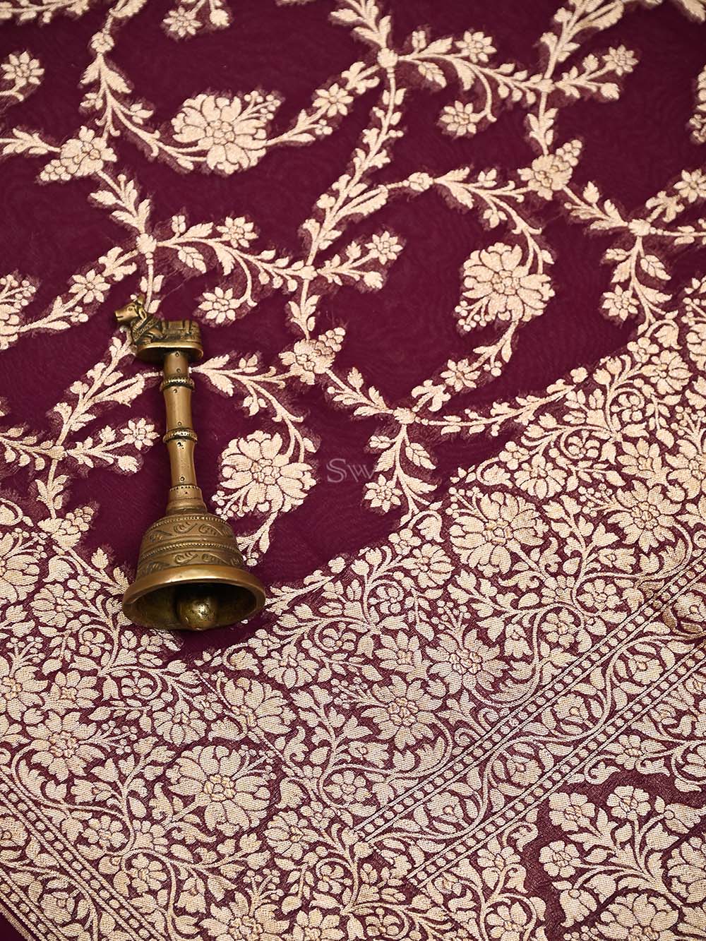 Wine Jaal Khaddi Georgette Handloom Banarasi Saree - Sacred Weaves