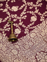 Wine Jaal Khaddi Georgette Handloom Banarasi Saree - Sacred Weaves