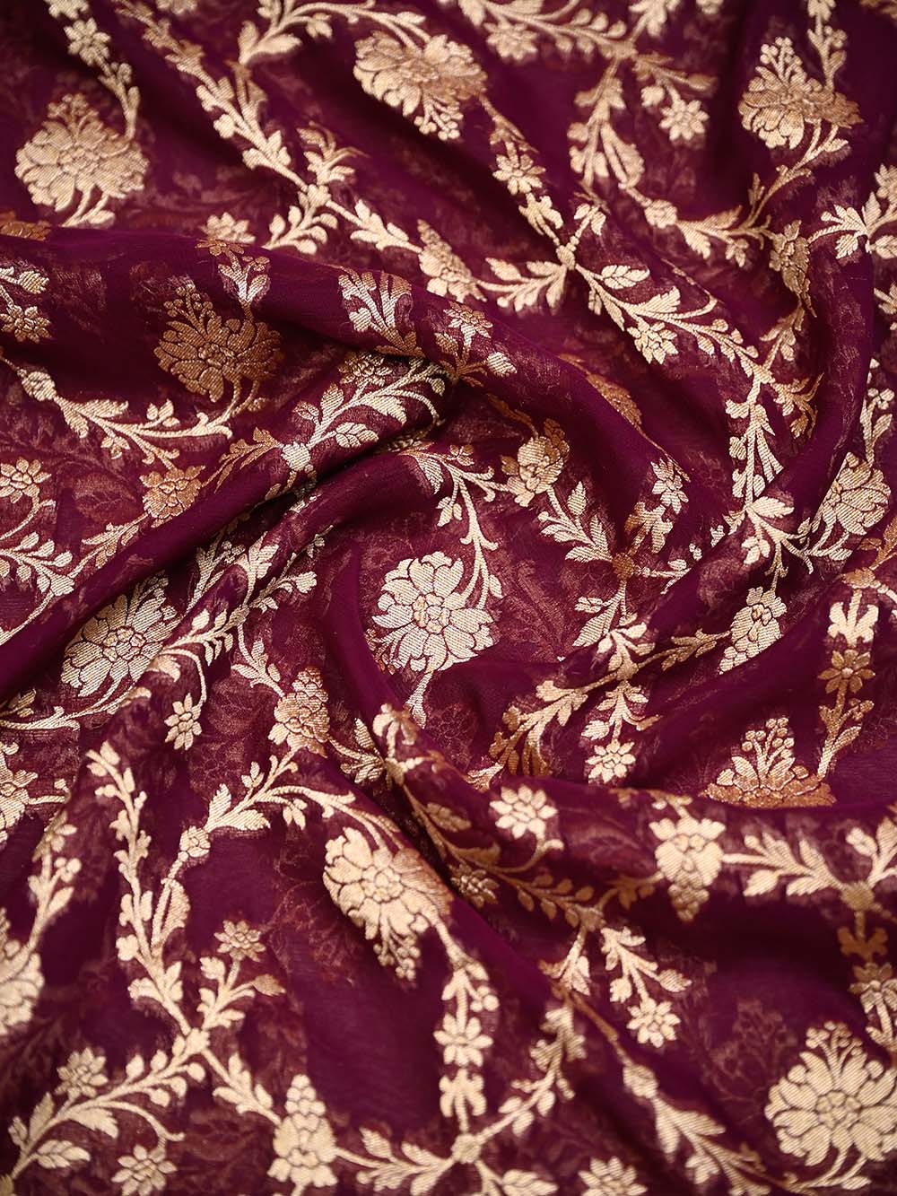 Wine Jaal Khaddi Georgette Handloom Banarasi Saree - Sacred Weaves