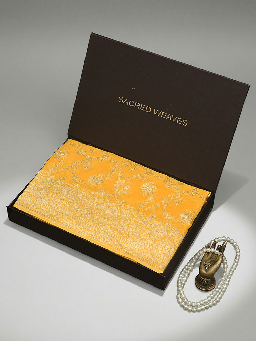 Mustard Jaal Khaddi Georgette Handloom Banarasi Saree - Sacred Weaves