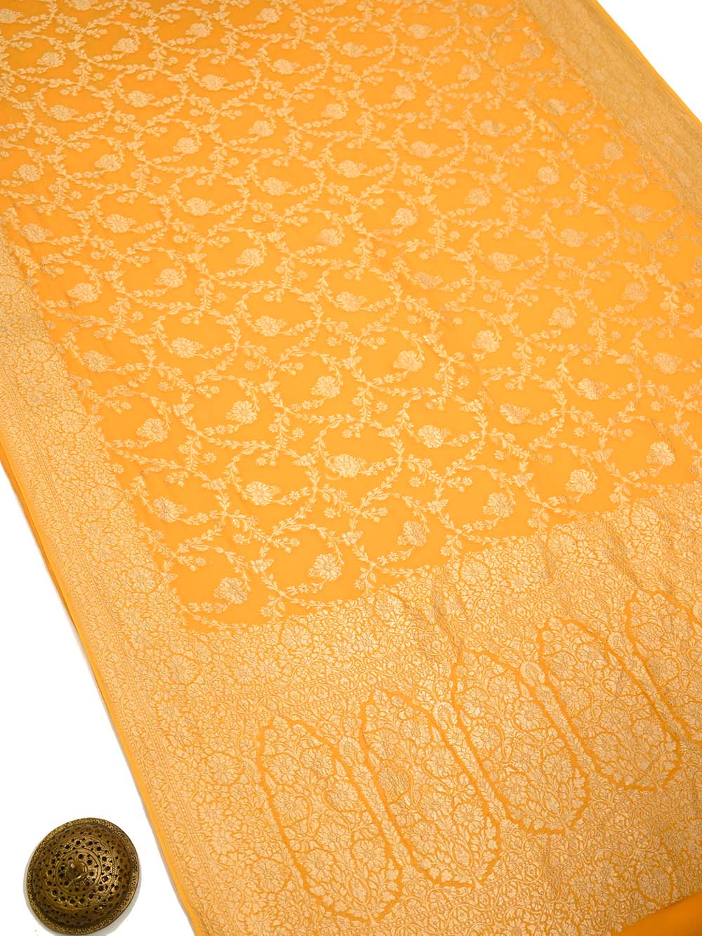 Mustard Jaal Khaddi Georgette Handloom Banarasi Saree - Sacred Weaves