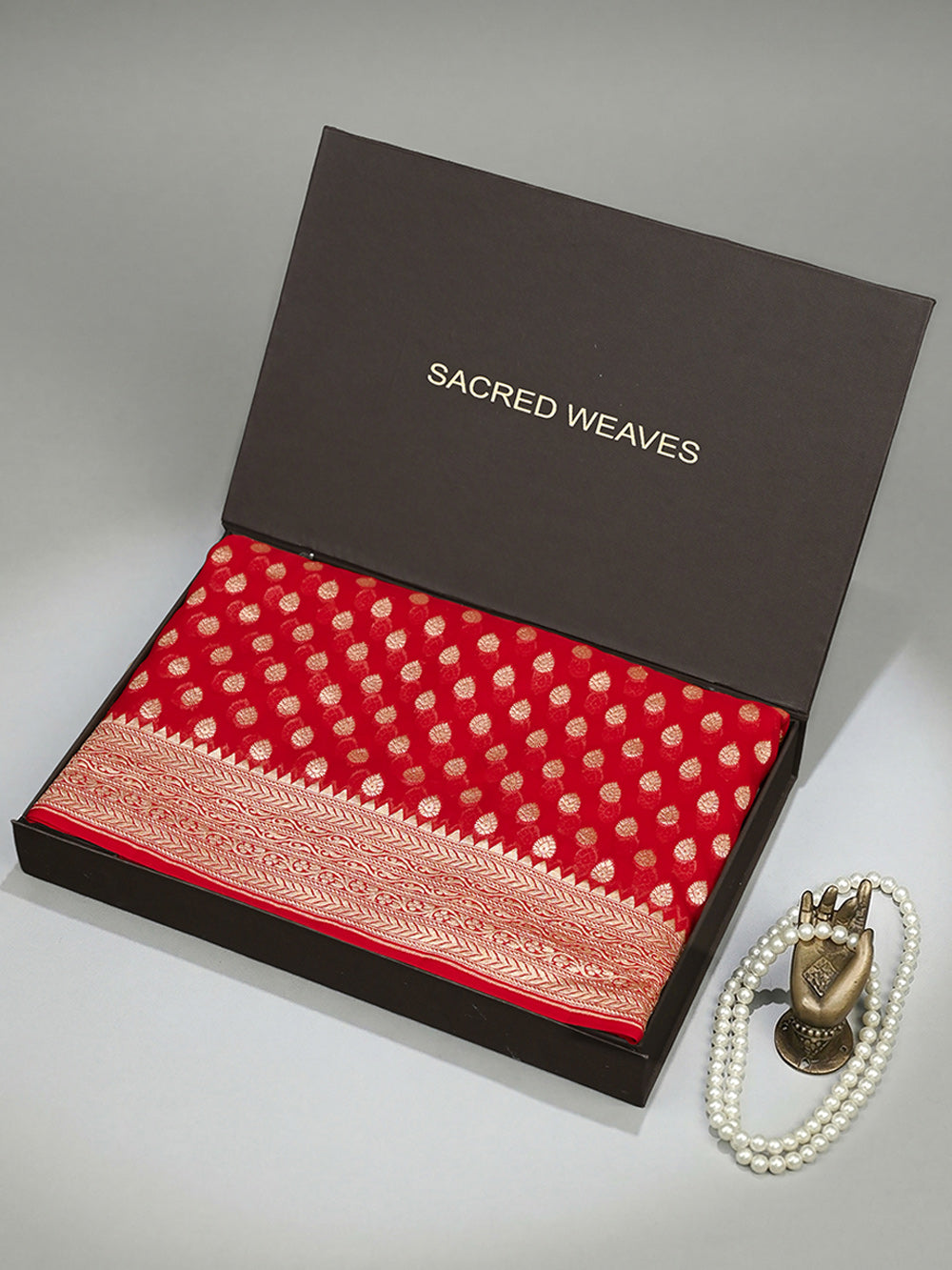 Red Booti Khaddi Georgette Handloom Banarasi Saree - Sacred Weaves