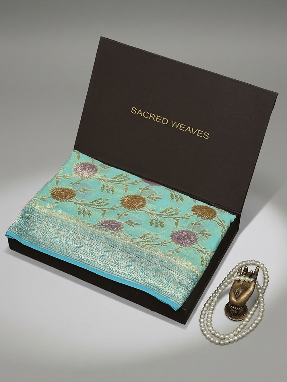 Aqua Blue Rangkat Jaal Khaddi Georgette Handloom Banarasi Saree - Sacred Weaves