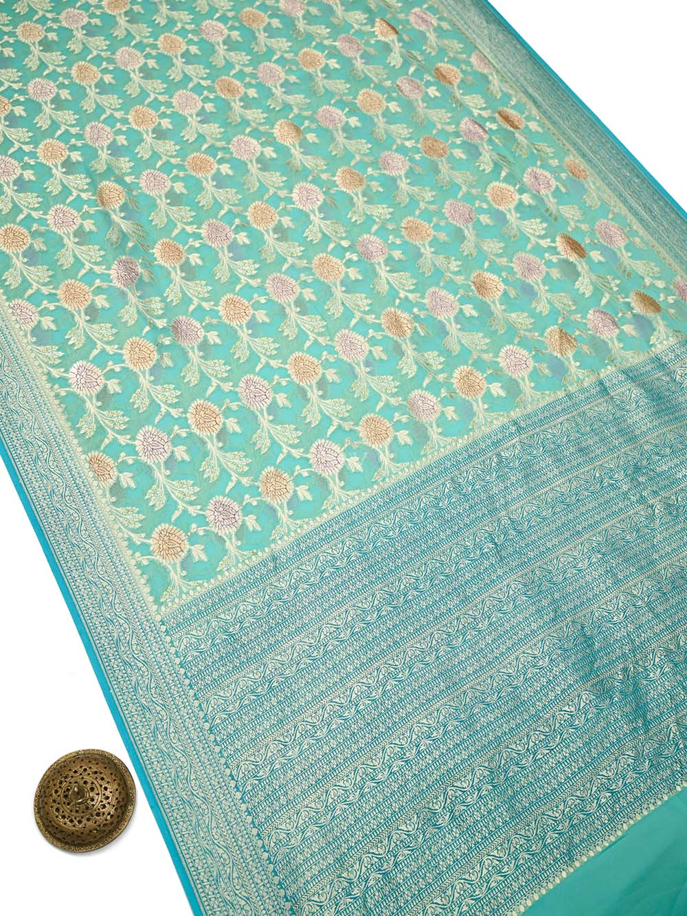 Aqua Blue Rangkat Jaal Khaddi Georgette Handloom Banarasi Saree - Sacred Weaves