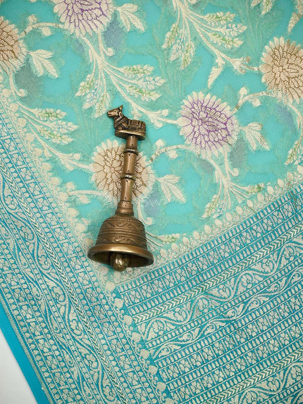 Aqua Blue Rangkat Jaal Khaddi Georgette Handloom Banarasi Saree - Sacred Weaves