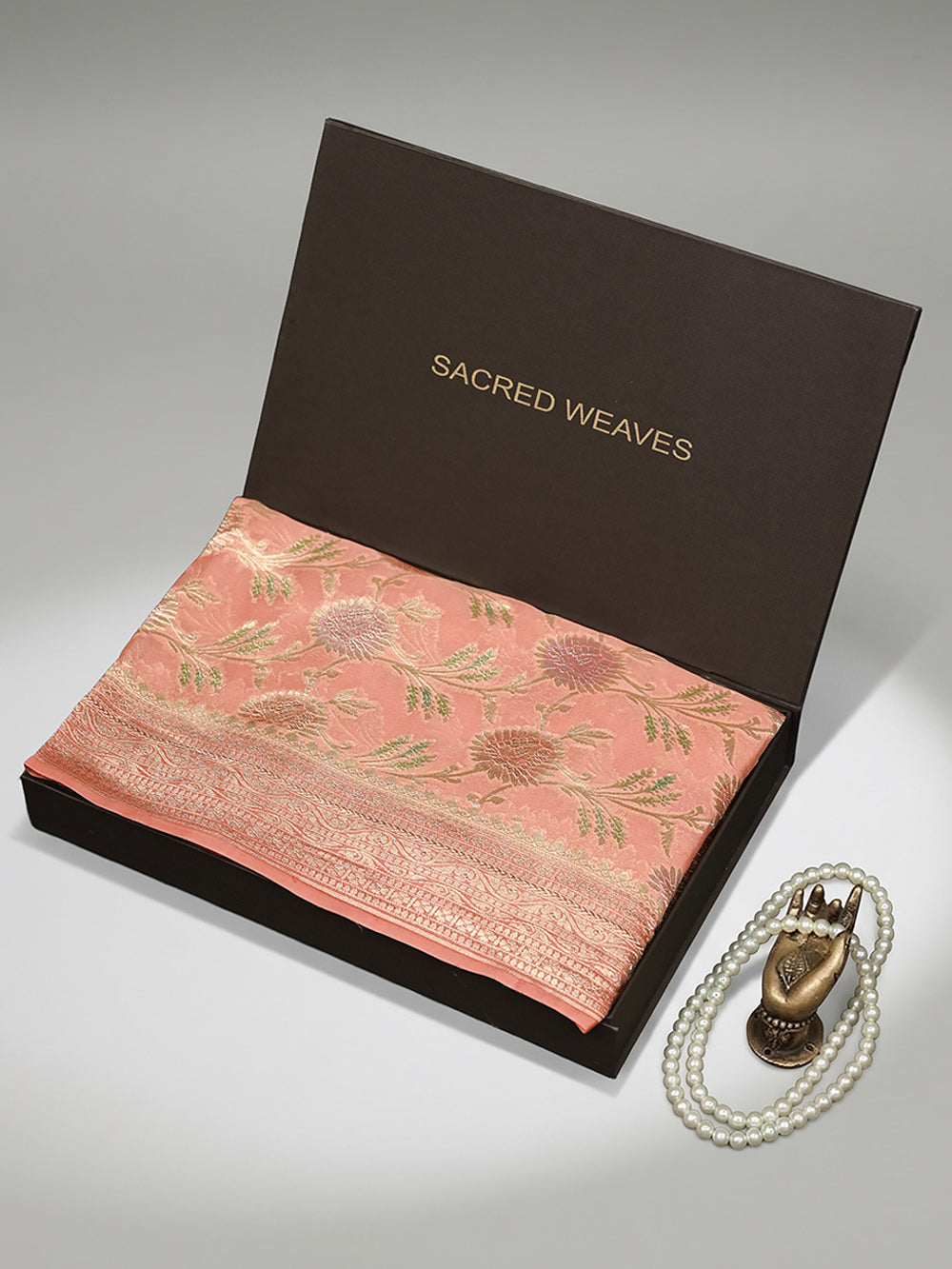 Pastel Peach Rangkat Jaal Khaddi Georgette Handloom Banarasi Saree - Sacred Weaves