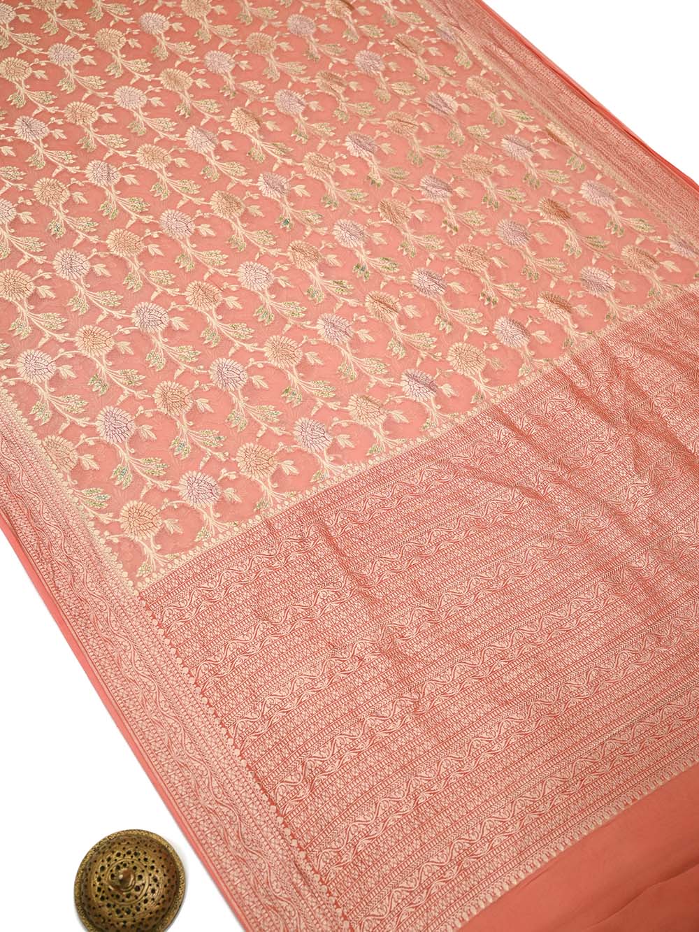 Pastel Peach Rangkat Jaal Khaddi Georgette Handloom Banarasi Saree - Sacred Weaves