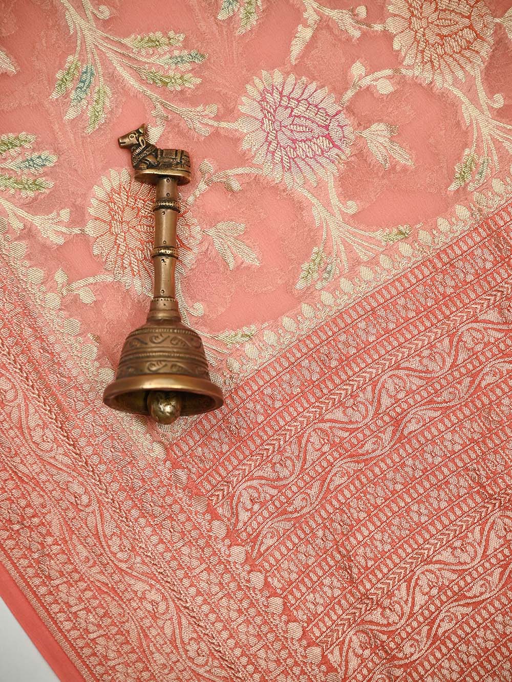 Pastel Peach Rangkat Jaal Khaddi Georgette Handloom Banarasi Saree - Sacred Weaves