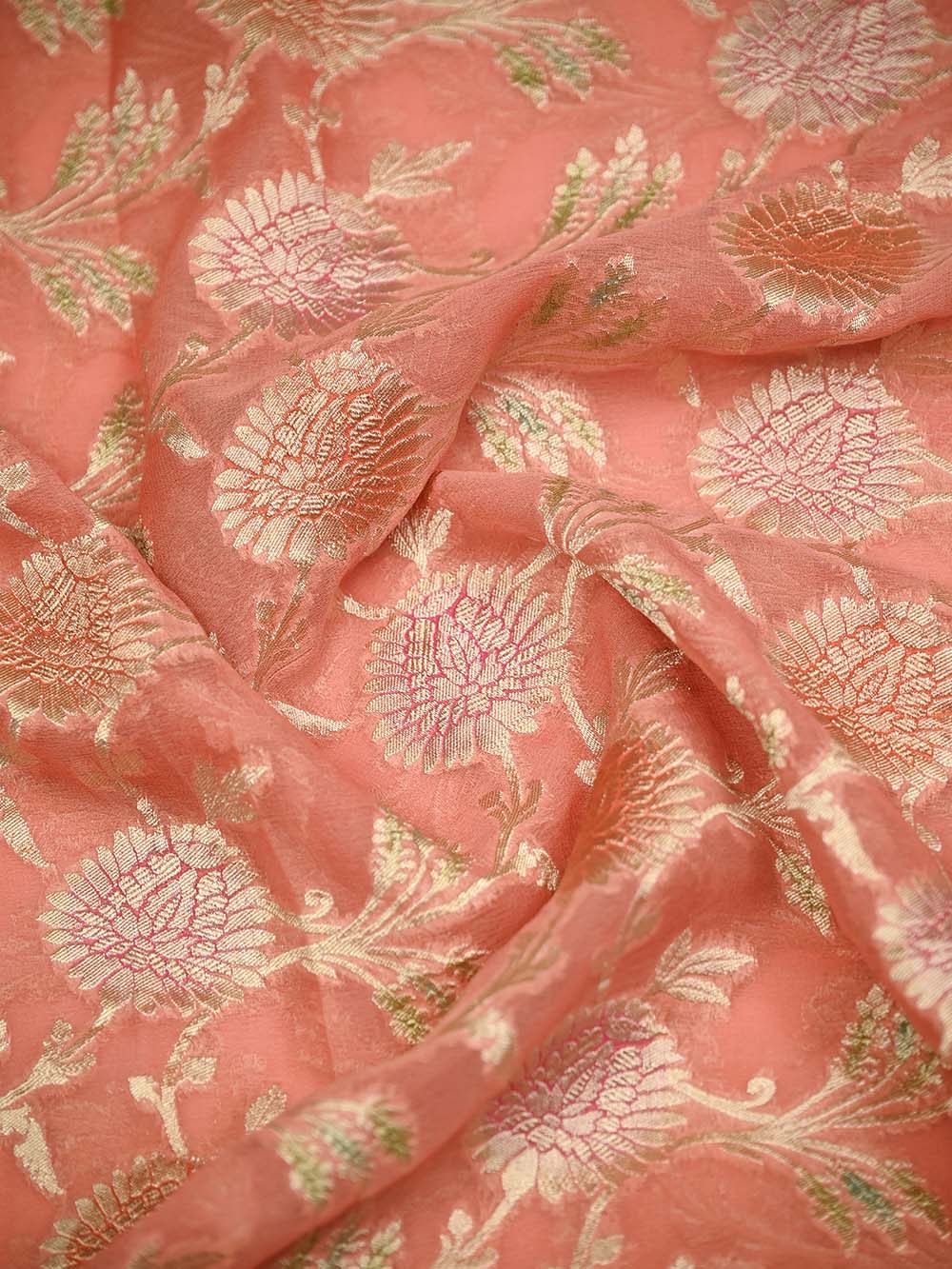 Pastel Peach Rangkat Jaal Khaddi Georgette Handloom Banarasi Saree - Sacred Weaves