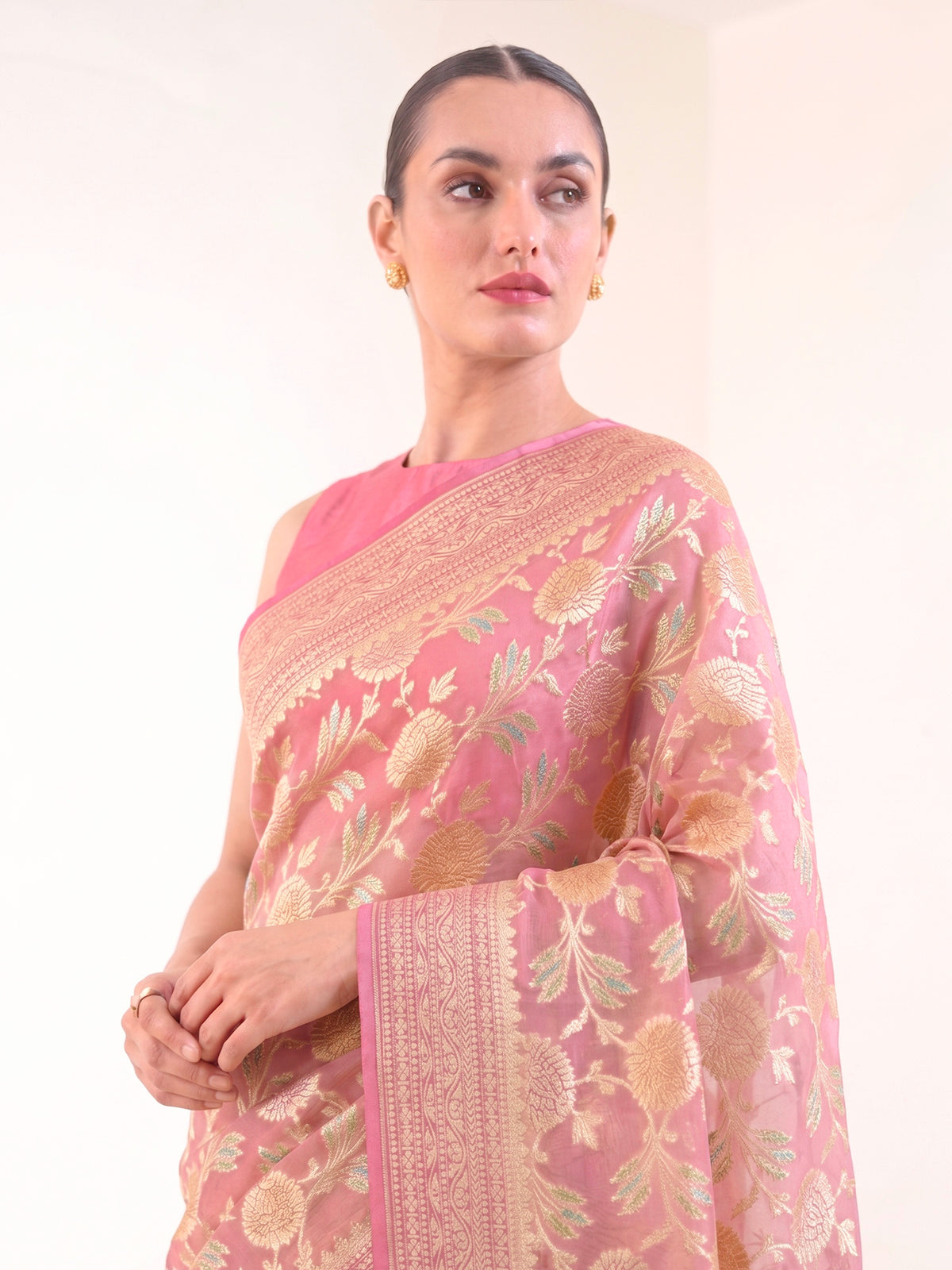 Pastel Pink Rangkat Jaal Khaddi Georgette Handloom Banarasi Saree - Sacred Weaves
