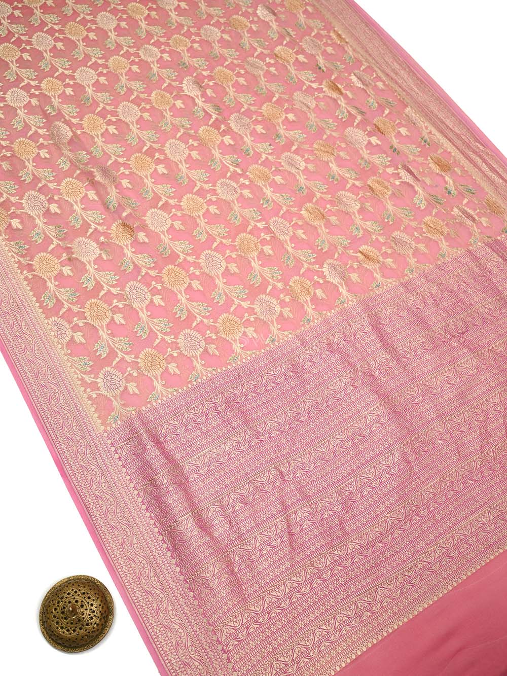 Pastel Pink Rangkat Jaal Khaddi Georgette Handloom Banarasi Saree - Sacred Weaves