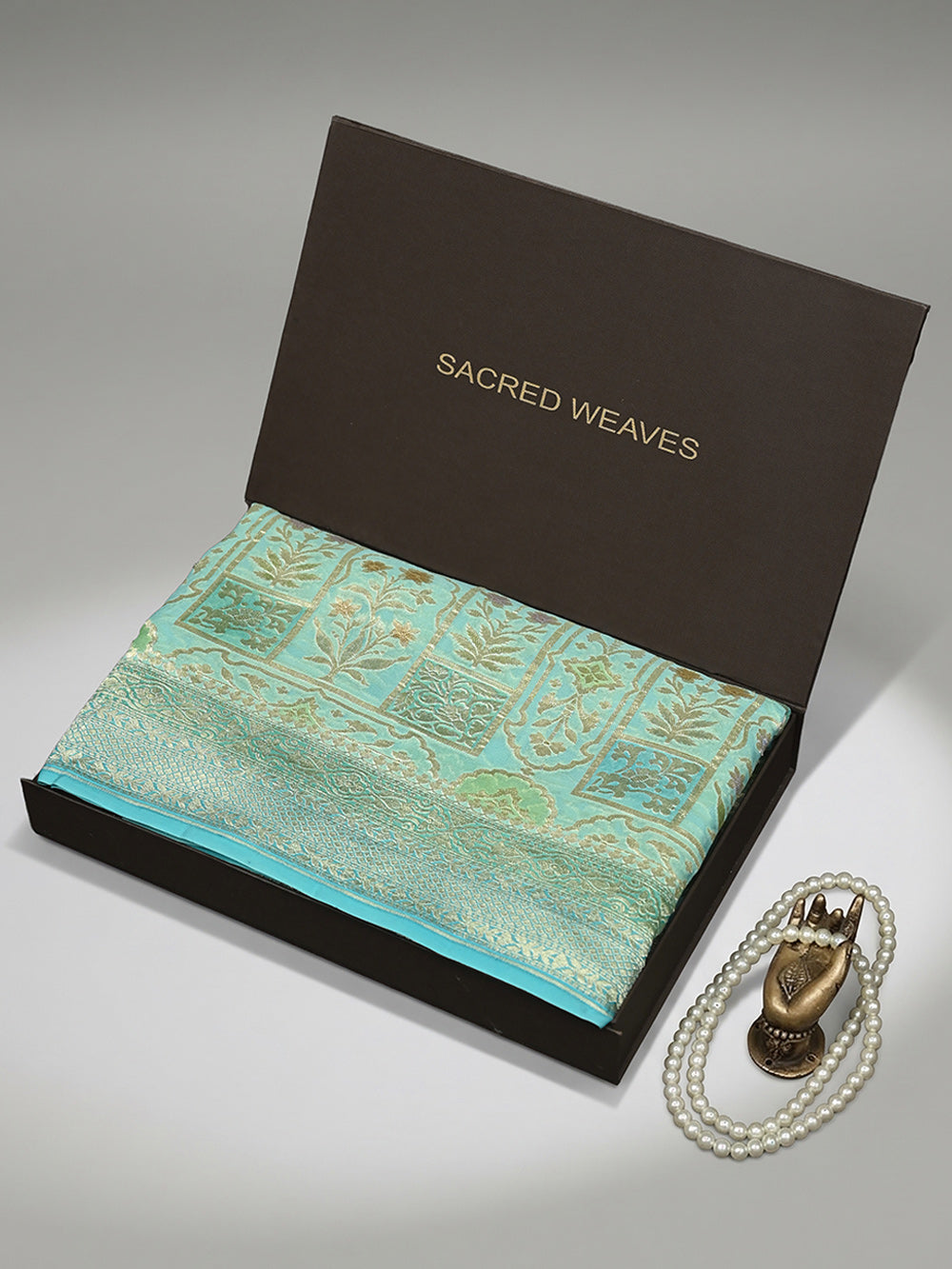 Aqua Blue Rangkat Jaal Khaddi Georgette Handloom Banarasi Saree - Sacred Weaves