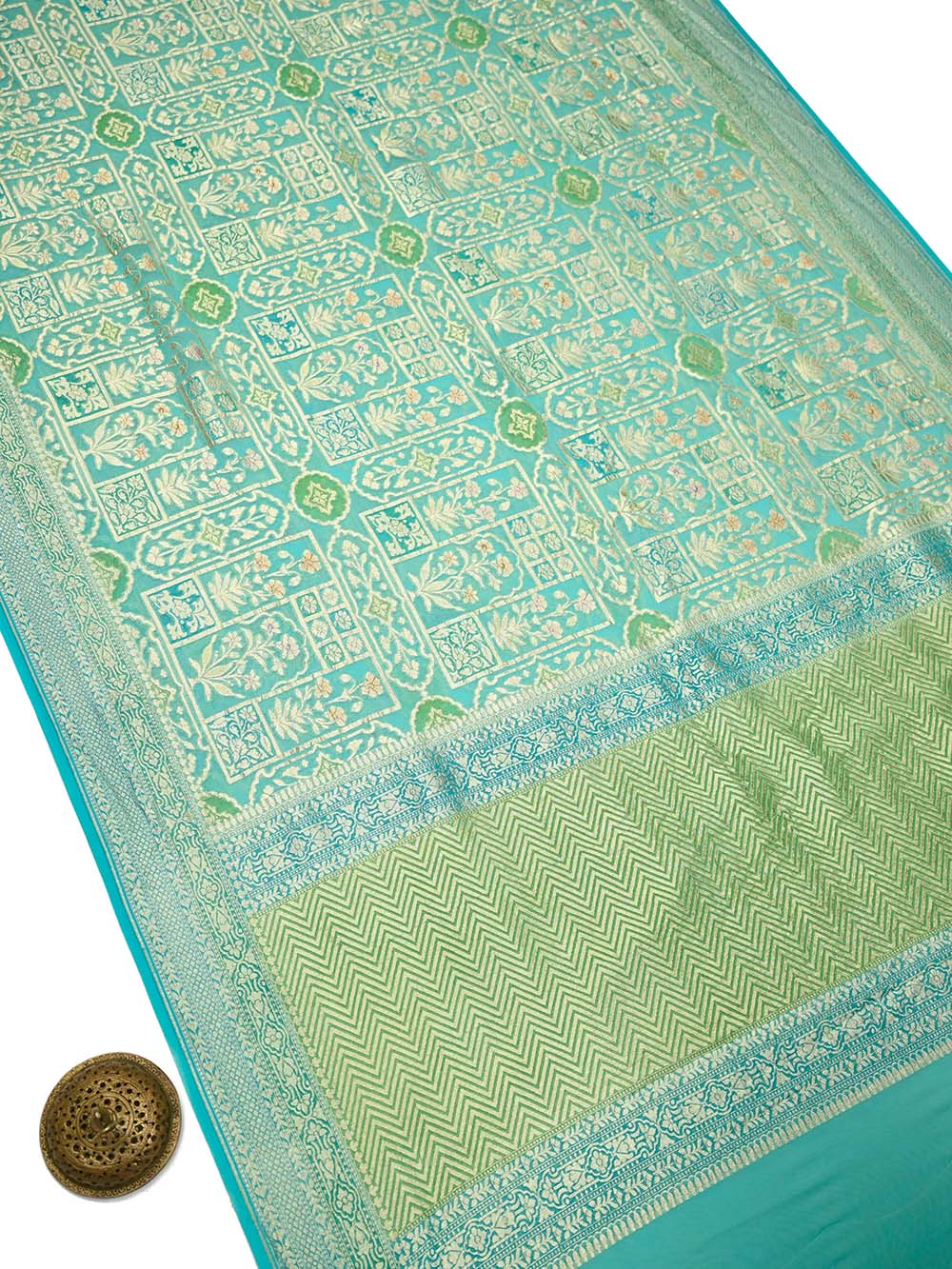 Aqua Blue Rangkat Jaal Khaddi Georgette Handloom Banarasi Saree - Sacred Weaves