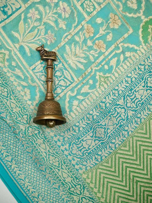 Aqua Blue Rangkat Jaal Khaddi Georgette Handloom Banarasi Saree ...