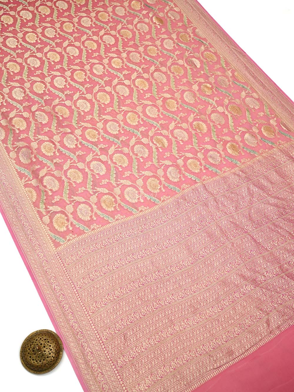 Pastel Pink Rangkat Jaal Khaddi Georgette Handloom Banarasi Saree - Sacred Weaves